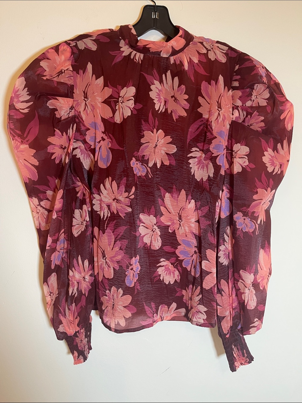 Flying Tomato Women's Floral Puff-Sleeve Blouse - Pink on Burgundy Puff Sleeve